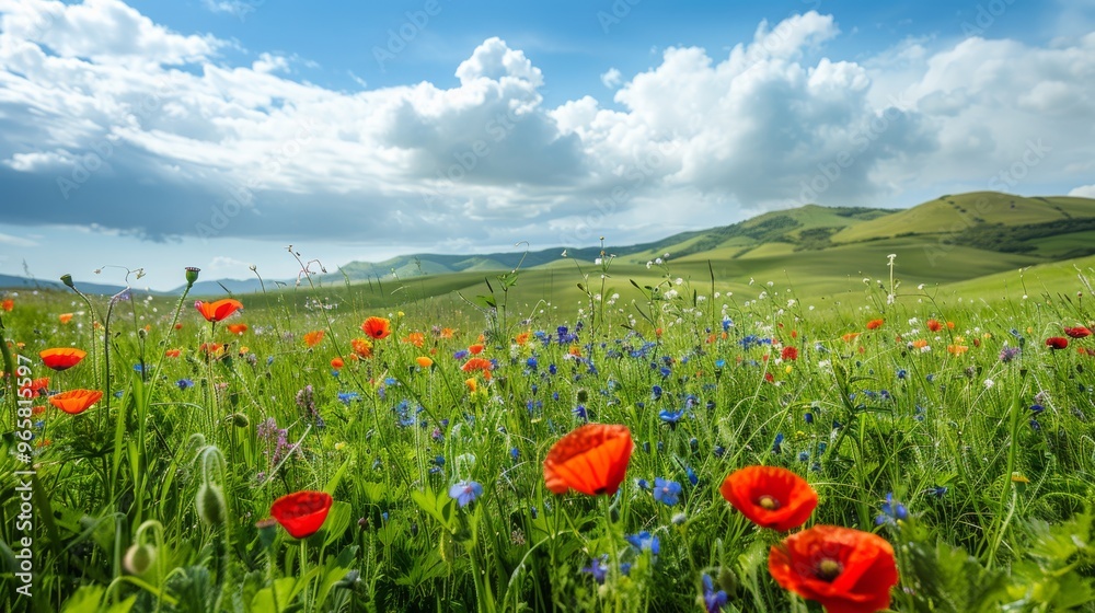 Poster tranquil spring meadow with lush green grass, dotted with colorful blossoms such as poppies and viol