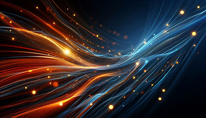 Abstract dynamic flowing lines in vibrant orange blue hues composition evokes a feeling of motion and light suggesting a digital or futuristic theme against a dark background