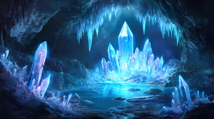 Mysterious dark cave with glowing crystals and underground lake fantasy landscape. Crystal Cave. Illustration