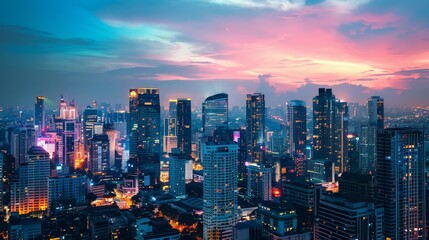 Fototapeta premium Vibrant city skyline at dusk with a variety of high-rise buildings, creating a captivating contrast between the illuminated cityscape and the darkening sky.