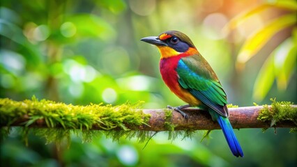 Obraz premium Colorful bird perching on a branch in a lush green forest , bird, wildlife, nature, vibrant, feathers, perched, branch, tree