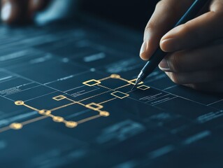 Research strategist mapping project milestones on a digital interface, planning and execution concept