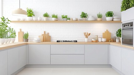 Fototapeta premium Modern Nordic Loft Kitchen, sleek minimalistic design, open space, light wood accents, white cabinetry, integrated appliances, inviting atmosphere, contemporary aesthetic, urban living