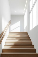 Fototapeta premium Minimalist staircase with sleek wooden steps, white walls, and a modern railing design