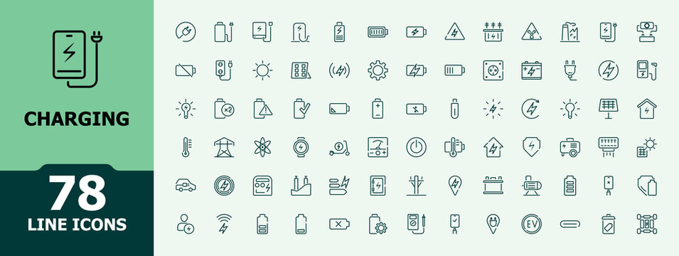 Charging icon set. Eneargy icon collection. Electricity icon pack. Containing charge, battery, energy, electricity and more.