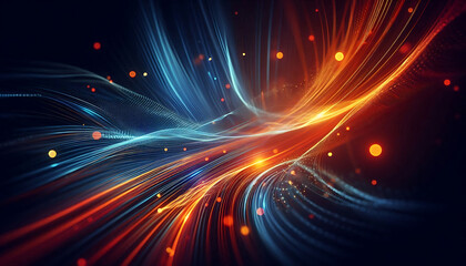 Naklejka premium Abstract dynamic flowing lines in vibrant orange blue hues composition evokes a feeling of motion and light suggesting a digital or futuristic theme against a dark background