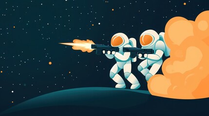 Illustration of two astronauts in space suits firing a laser gun in an outer space scenario with stars and cosmic dust in the background.