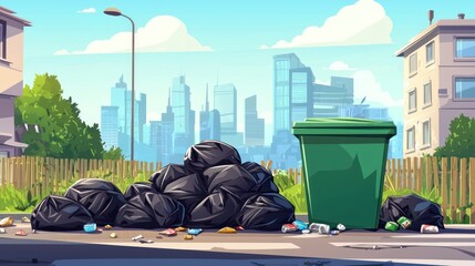 Full garbage bin and black plastic trash bags around. Overflowing recycling container with trash. Green recycle can. Street dump pollution, bin container pile, trashcan basket. Vector illustration