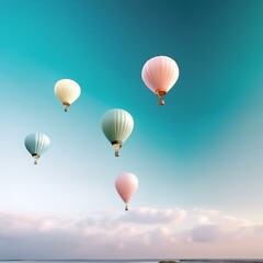Fototapeta premium Pastel hot air balloons in a clear sky, soft and whimsical, ideal for a childs room or playful space