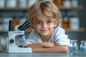 A happy child using a microscope at home, looking happy and smiling, looking at this shot, sitting at the table doing science experiments or playing games,