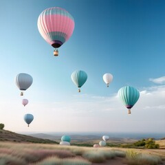Fototapeta premium Pastel hot air balloons in a clear sky, soft and whimsical, ideal for a childs room or playful space