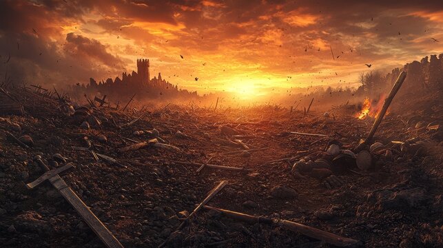 Epic Fantasy Battle Scene with Sunset and Castle in Background
