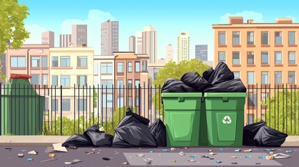 Full garbage bin and black plastic trash bags around. Overflowing recycling container with trash. Green recycle can. Street dump pollution, bin container pile, trashcan basket. Vector illustration