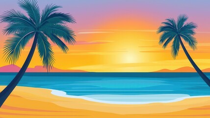 Obraz premium High contrast beach sunset, exotic palm trees, flat design illustration