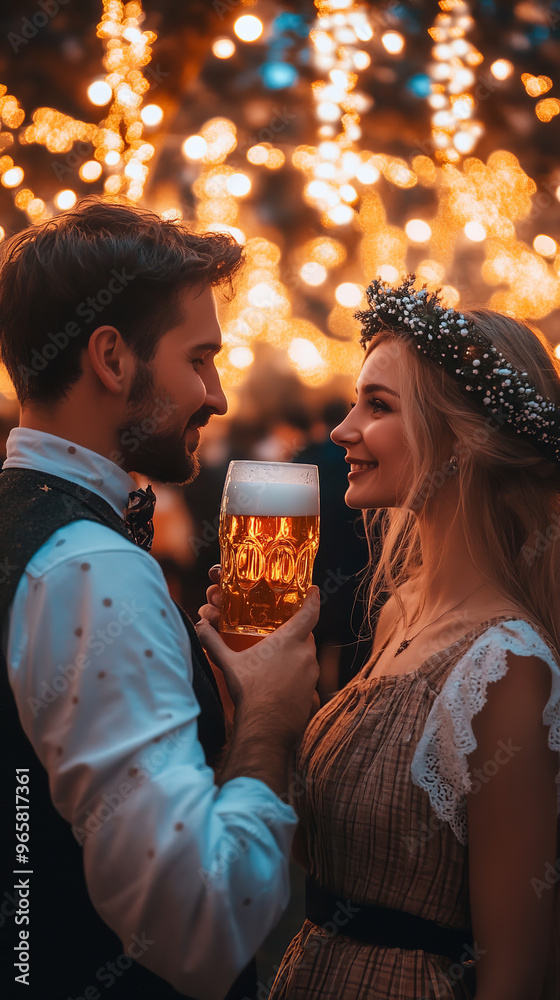 Poster Romantic Oktoberfest Moment with Couple Sharing Traditional Beer  