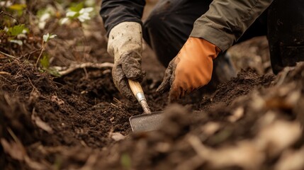 Obraz premium A volunteer using gardening tools to prepare the soil for planting trees, illustrating the practical side of environmental stewardship.
