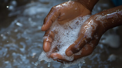 Fototapeta premium Foamy soapy water in cupped hands washing in fresh river