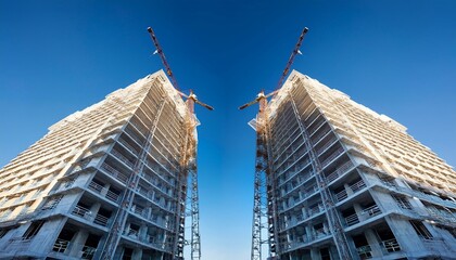 Naklejka premium Produce a photorealistic CG 3D image of a construction site, showcasing two identical digital twins of a building in progress against a clear blue sky