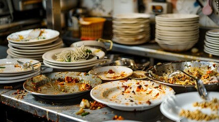 Upscale restaurant kitchen with gourmet food remnants and dirty fine china dishes in disarray