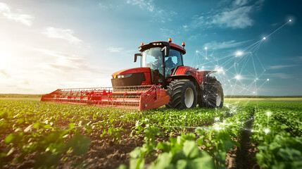 Obraz premium modern farm vehicle equipped with IoT devices for precision planting and seeding, optimizing field productivity based on real-time data analysis