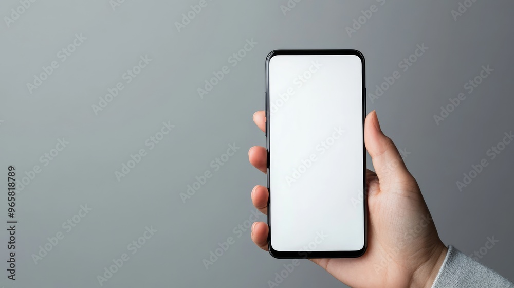 Poster smartphone held in a person's hand with a blank screen and a clean background
