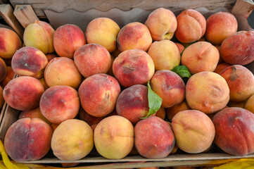 Peaches for sale at the market. Fresh fruit in the store.