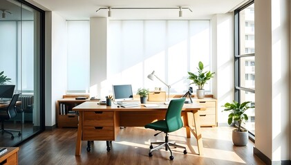Fototapeta premium A modern minimalist and clean home office in natural light