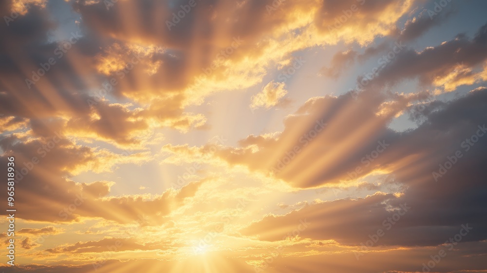 Poster soft sun rays cascading through a serene sunset sky, creating a peaceful and ethereal atmosphere,