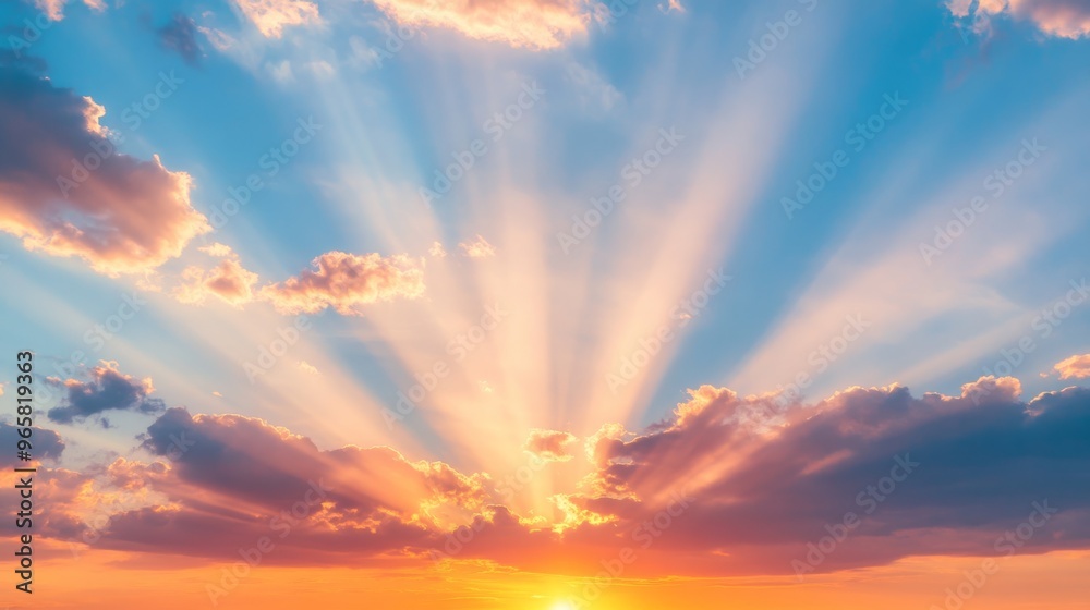 Aufkleber sunlight bursting through scattered clouds at sunset, bathing the sky in a gradient of warm colors