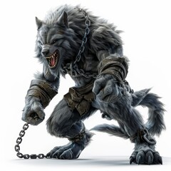 Fototapeta premium A fierce wolf creature, chained and ready to unleash its power. Perfect for fantasy, horror, and mythical themes.