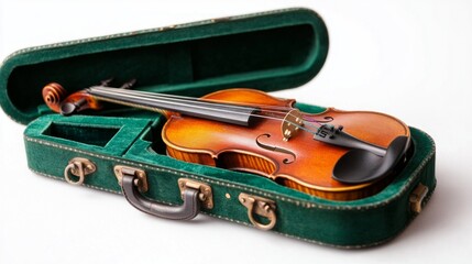 Fototapeta premium Open violin case showcasing a beautifully crafted violin, vibrant colors contrasted against a clean white background, emphasizing the elegance of the instrument.