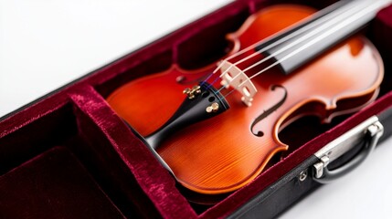 Obraz premium Vibrant Violin Case with Instrument, an open case showcasing a beautifully crafted violin, highlighted against a clean white backdrop for a striking visual appeal