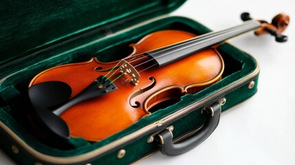 Fototapeta premium Vibrant Violin Case Display, showcasing an open violin case with a beautifully crafted violin, set against a pristine white background for a fresh and elegant presentation.
