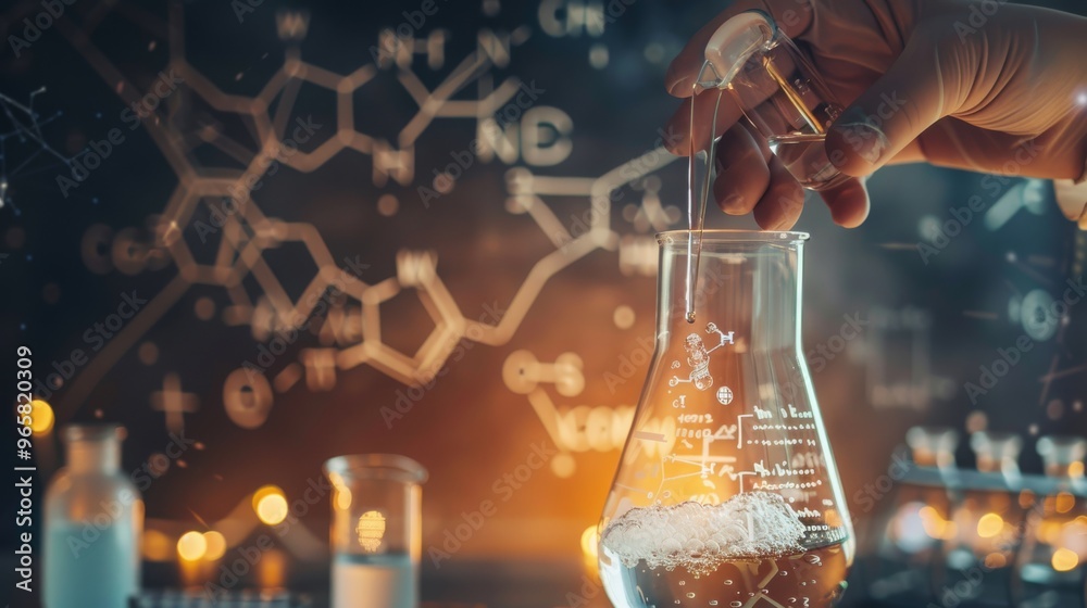Poster hand pouring reagent into a beaker with chemical formula sketches in the background