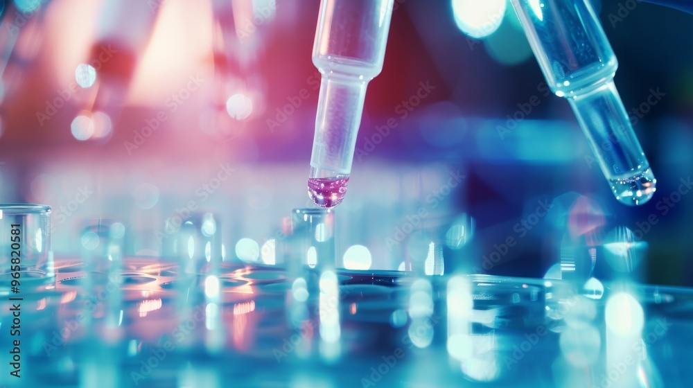 Poster Lab technician using pipette to transfer cell sample in bright lab