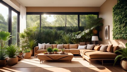 Fototapeta premium Craft a photorealistic 3D rendering of a cozy living room that seamlessly merges with a lush indoor garden, featuring an abundance of plants and warm earth tones