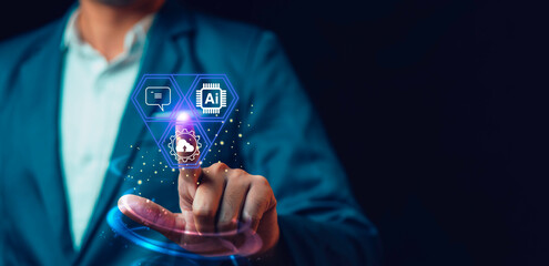 Artificial intelligence and humans create new innovations, ideas, developments, communication, conversations with smart and fast online systems, future technology.