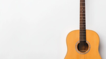 Obraz premium Vintage acoustic guitar, leaning against a clean white backdrop, showcasing the intricate wood grain and craftsmanship, evoking a sense of nostalgia and artistry.