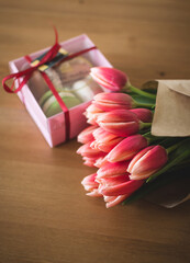 gift box and tulips