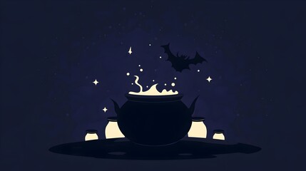 Naklejka premium Minimalist Background with Silhouetted Cauldron and Bubbling Potion for Spooky Halloween Atmosphere