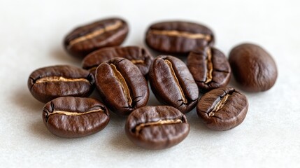 Obraz premium A close-up of roasted coffee beans on a light background, highlighting their rich color and inviting texture