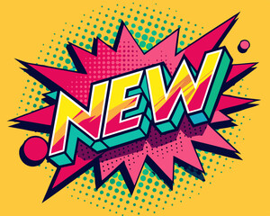The word “new” in retro pop art style with lots of dots. Vector illustration