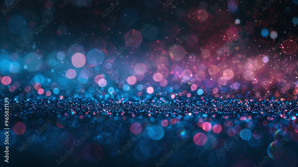 Poster multihued particles glowing against a dark background