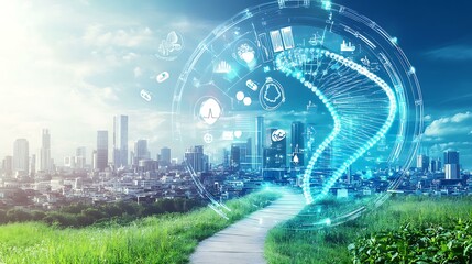 A globe-shaped image displaying an urban to rural transition, with telemedicine care in modern cityscapes on one side and homeopathic treatments in a natural setting on the other, united by