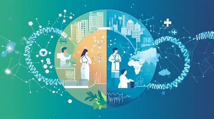 A globe-shaped scene with one half showing patients in urban cityscapes receiving advanced telemedicine care, while the other half depicts rural villages where patients undergo homeopathic treatments