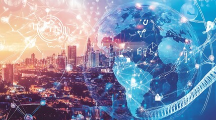 A globe-shaped scene with one half showing patients in urban cityscapes receiving advanced telemedicine care, while the other half depicts rural villages where patients undergo homeopathic treatments