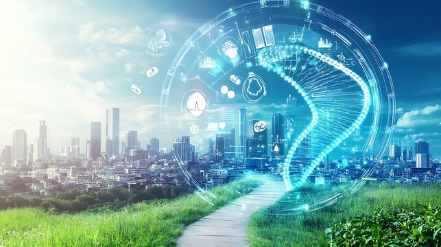 A globe-shaped image displaying an urban to rural transition, with telemedicine care in modern cityscapes on one side and homeopathic treatments in a natural setting on the other, united by