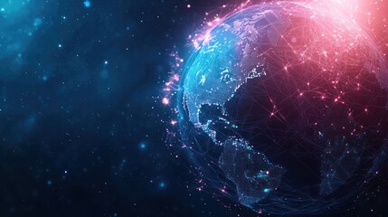 Obraz premium Abstract futuristic digital background with blue glowing global network and internet connections on a dark planet Earth globe. Digital technology, big data connection concept