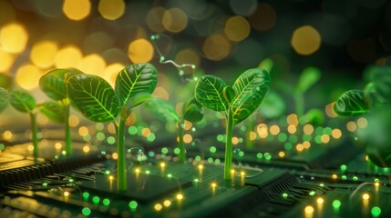 Radiant plants growing on microchips, defocused background of circuits