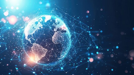 Obraz premium Abstract futuristic digital background with blue glowing global network and internet connections on a dark planet Earth globe. Digital technology, big data connection concept